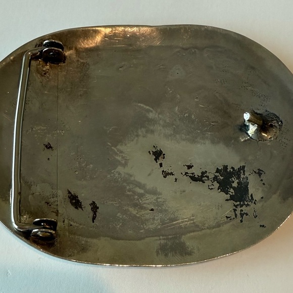 Tony Sanchez Handmade 1970s Belt Buckle — Bird Inlay, Turquoise & Coral - Picture 4 of 6